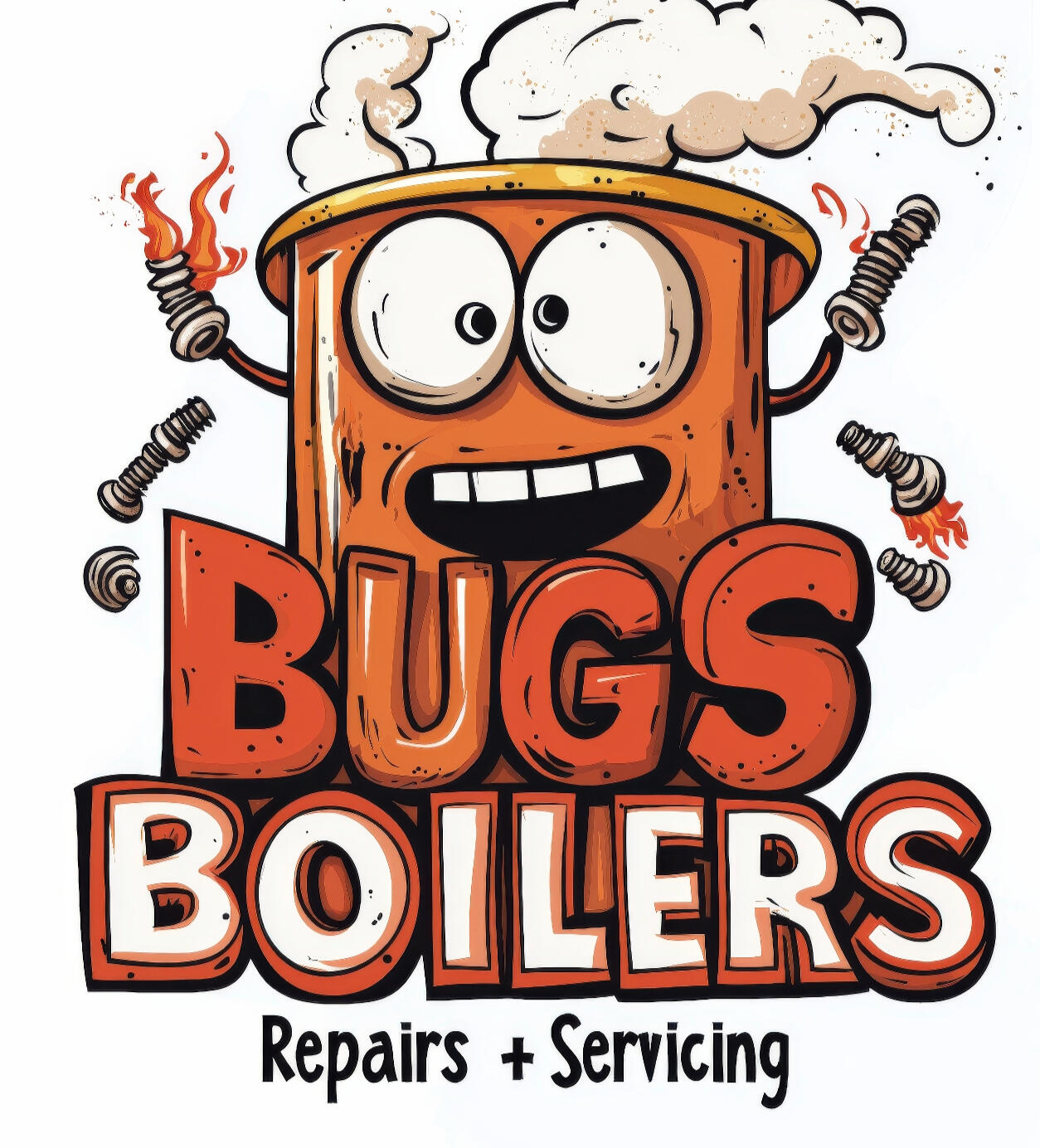 BUGS BOILERS – Oil boiler repairs and servicing in West Oxfordshire (OX7, OX15, GL56, CV36) Cartoon boiler with steam highlighting oil boiler repairs and servicing by BUGS BOILERS in West Oxfordshire (OX7, OX15, GL56, CV36)